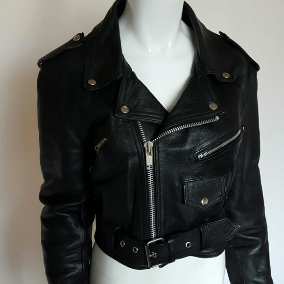 Vintage Jackets & Blazers - Vintage Black Leather Cropped Motorcycle Jacket